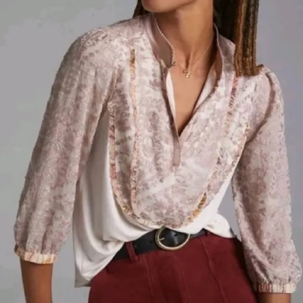 Anthropologie TINY Embroidered Lace Mixed Media Blouse Top Cream Pink‎ XS